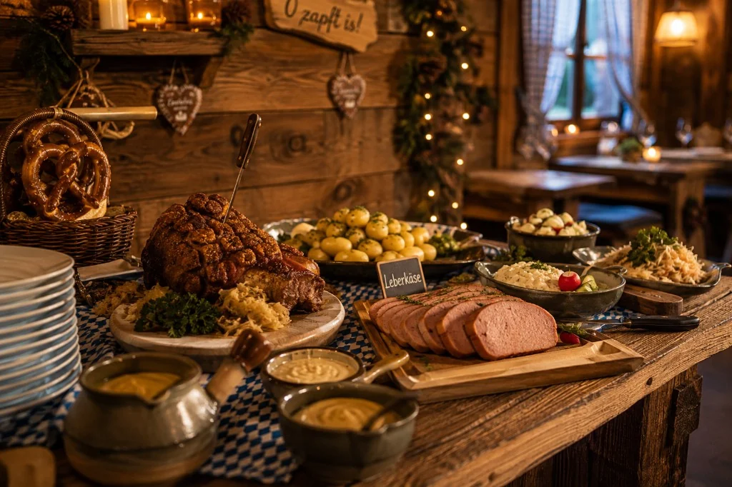 Oktoberfest-Buffet mit Schweinshaxe, Leberkäse und Brezeln